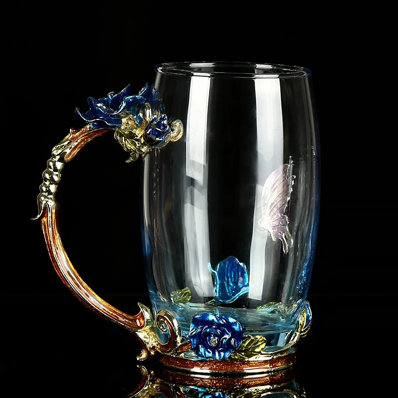 Креативная эмаль ручной работы Декорации для дома эмаль цветок кристалл стеклянная кофейная чайная чашка с ложкой - Цвет: long