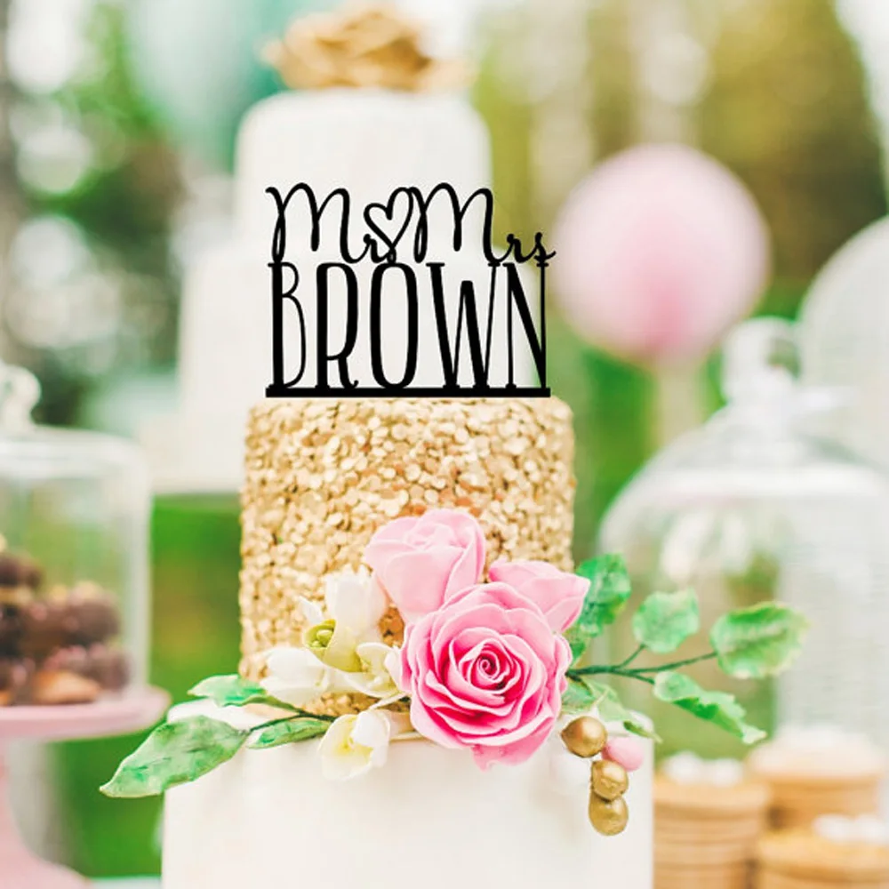 Customized Acrylic silver wooden wedding cake topper Mr & Mrs Wedding Cake Topper Heart Design Personalized with your Last Name2