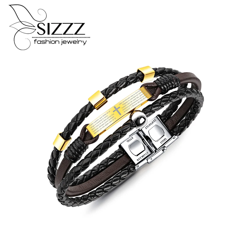 

SIZZZ 2017 Fashion retro titanium steel leather multi - layer design crosss bracelet&bangles for men
