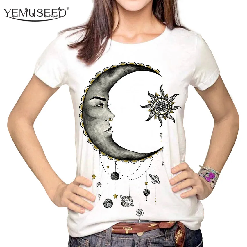 

YEMUSEED Women Fashion Hipster Sun and Moon Cartoon Printed Tops Tumblr Harajuku Pencil Drawing 3D T shirt Tees Plus Size XL