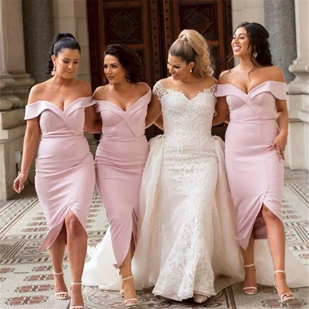 Румяна, розовое Короткое Платье Для подружки невесты, вырез лодочкой, с плеча, длина чая, очаровательное свадебное платье для гостей, 2019 vestido