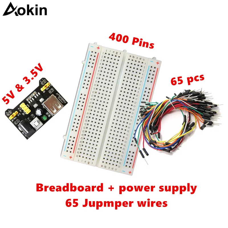 

Aokin 400 Tie Point Prototype PCB Breadboard with 65pcs Jump Cable Wires breadboard 5v 3.5v Power Supply for Arduino