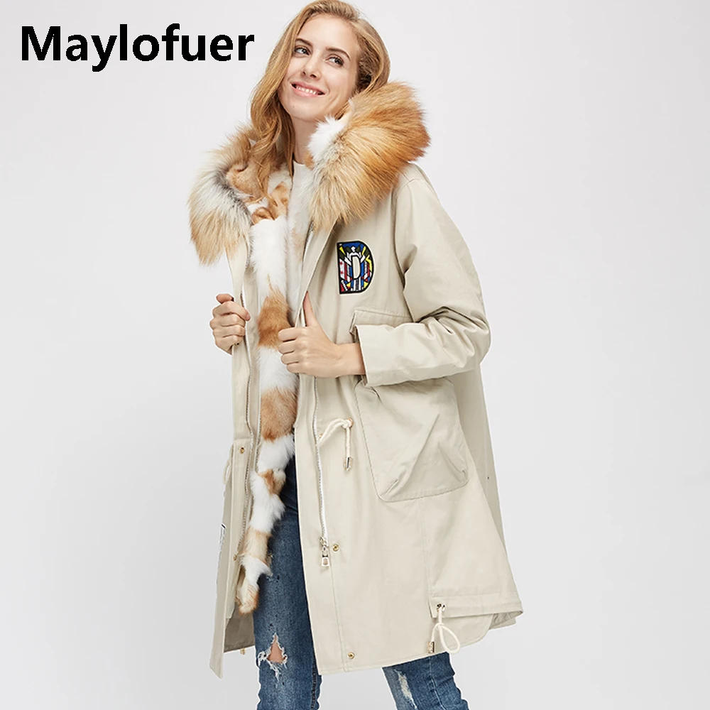 

Maylofuer Rex Red Fox Fur Parka with Raccoon Fur Collar Hood Parkas with Warm Down Liner Women Real Fur Coat Overcoat Outwear