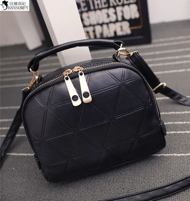 HANSOMFY 2015 New Double Zipper Bag Handbag Fashion Small Embossed Triangle Single Shoulder Bag