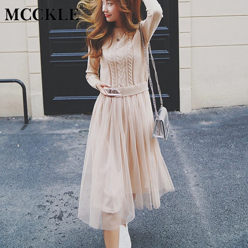 

Women Mesh Knitted Spliced Solid Dresses 2019 Autumn Female Fashion Elegant Long Sleeve Dress Ladies Warm Korean Vestidos
