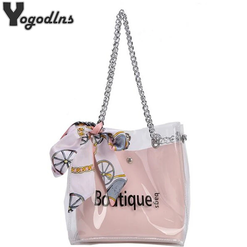 

Transparent Bucket Handbags Chain Crossbody Bag For Women Shoulder Bag Girls Composite Jelly PVC Messenger Purse Scarves Decors
