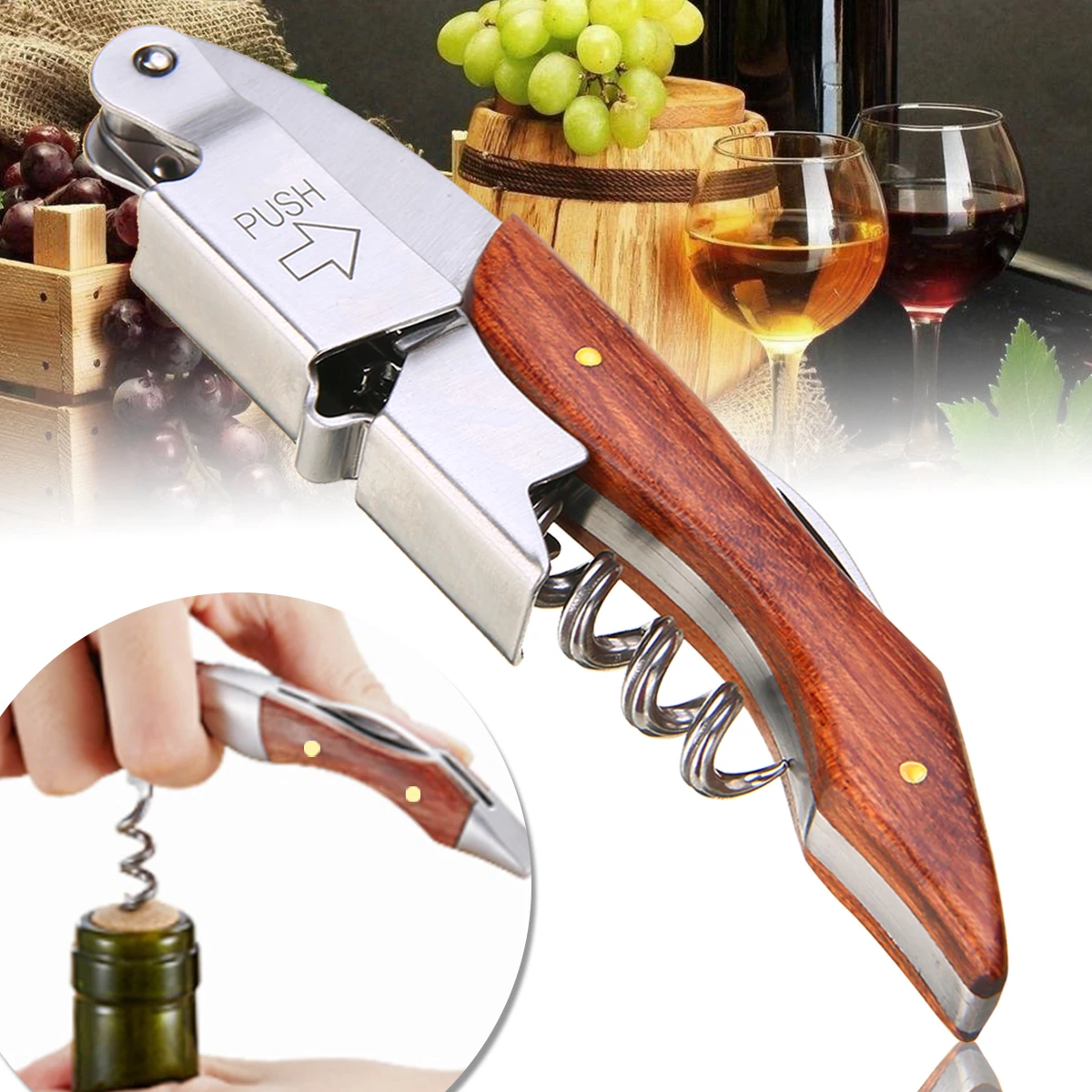 1pc Professional Wine Opener Portable Multifunction Screw Corkscrew Bottle Openers with Wood Handle Bar Kitchen Gadget
