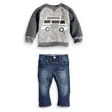 2015 Baby Kids Boys O-neck Pullover Car Bus Printed Shirt + Jeans Denim Trousers Set Outfit 1-6Y Swag Swagger