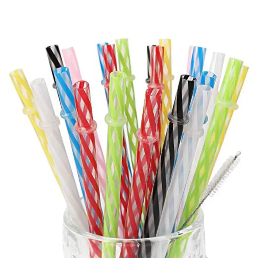 25Pcs Colorful Reusable Hard Plastic Stripe Straws Thick Drinking