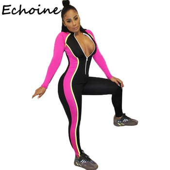 

Echoine Women Jumpsuit Fluorescent Color Patchwork Bodysuit Rompers With Zipper Long Pants Slinky Bodycon Overalls For Women