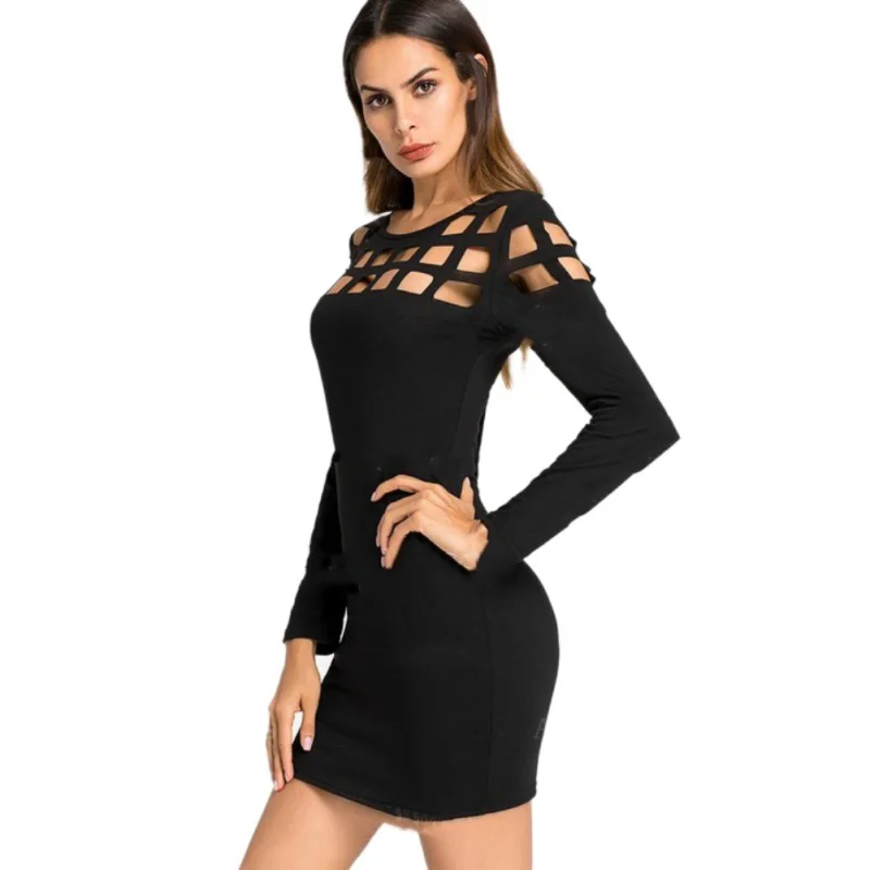 

Summer Women Sexy Dress Sheath Package Hip Party Dress Full Sleeve Hollow Out Bodycon Mini Dresses Club Wear