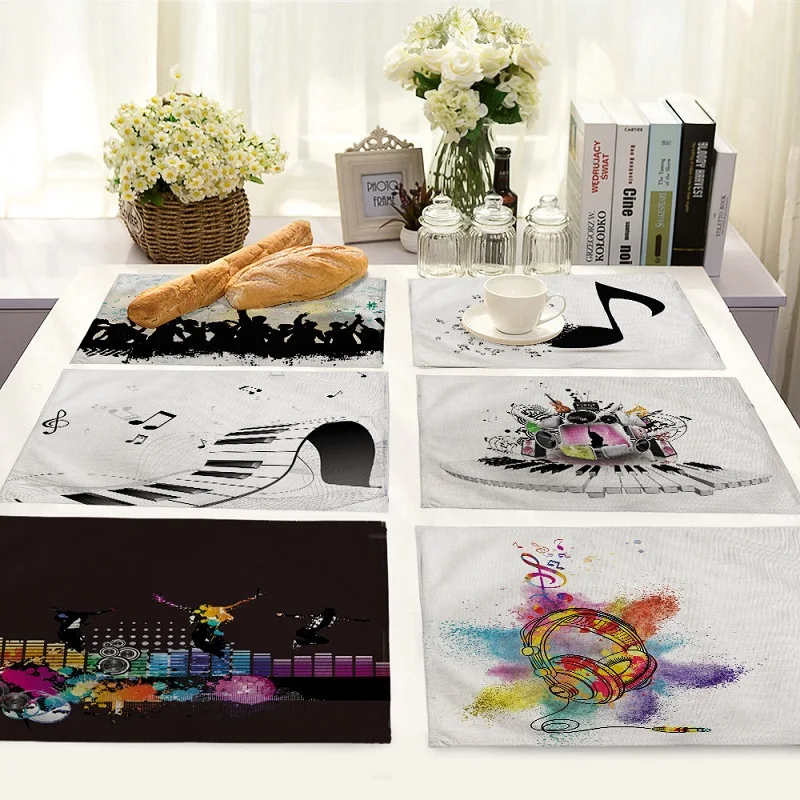 

Creative Music Life 4 pieces Set Kitchen Table Mats Cotton Linen Table Napkin Musical Instrument Pattern Decorative Placemats