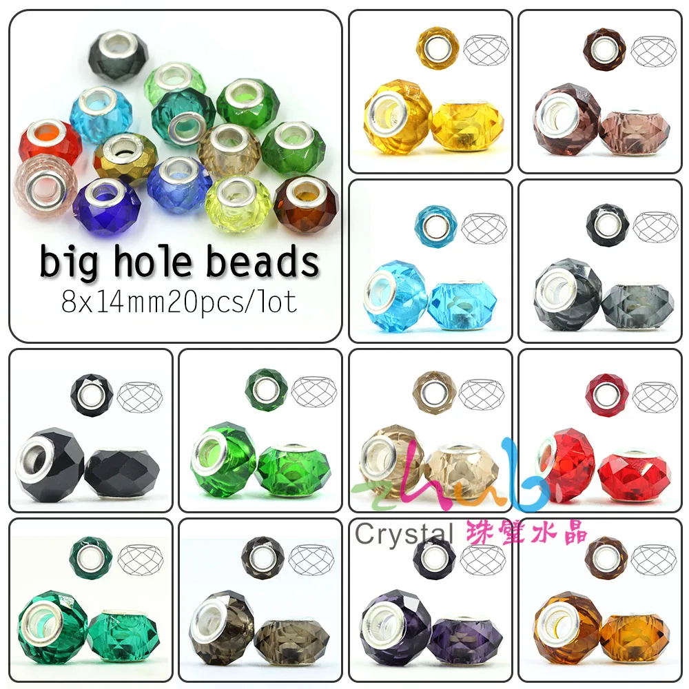 

20pcs/lot Spacer Loose Round 8*14MM Unique Charm Crystal Large Hole Glass Beads For Jewelry Making Bracelet DIY