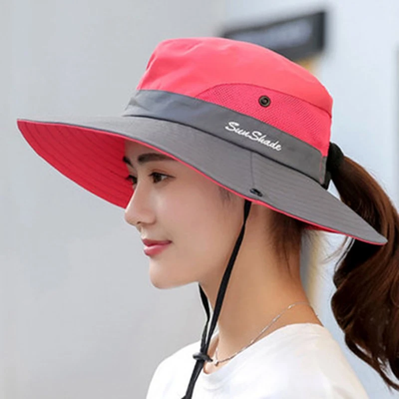 Женская летняя сетчатая широкая с полями, солнце шляпа с защитой от воздействия УФ-излучения с отверстием для конского хвоста, женская шляпа для сафари - Цвет: light red