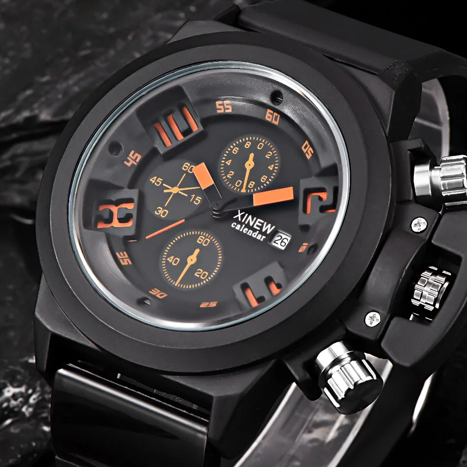 Известный бренд XINEW мужские часы с резиновым ремешком и большим циферблатом, большие наручные часы с датой и календарем, оригинальные наручные часы Relogio Masculino Marca