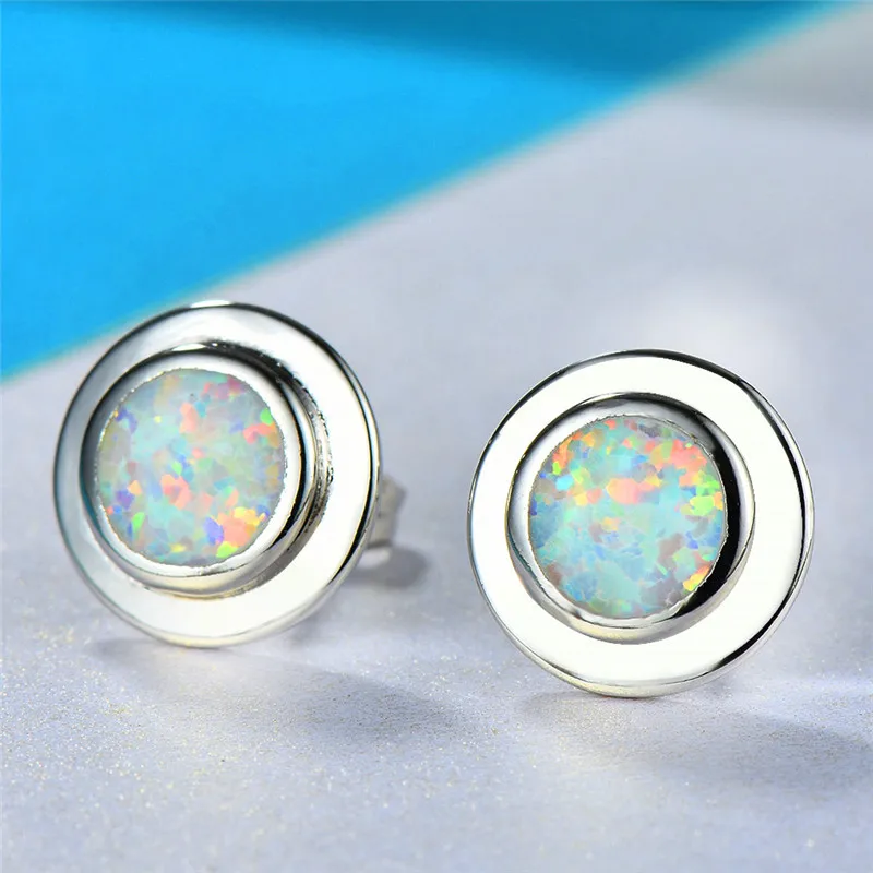 

Female Male Round Stud Earrings For Women Men Blue White Fire Opal Earrings 925 Silver Filled Bridal Wedding Piercing Jewelry