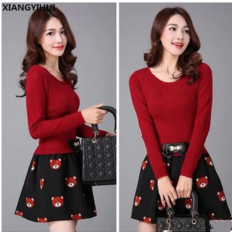 

New2017 autumn and winter dress one-piece plus size loose knitted sweater dresses big size elegant printing dress