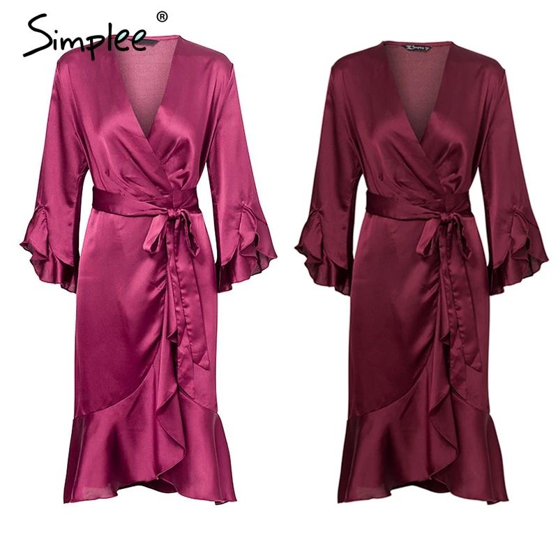 Simplee Elegant women satin dress Ruffle flare sleeve lady wrap dress 2019 Autumn winter green sexy female dress vestidos festa