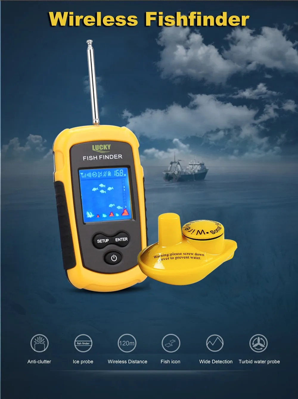 Display a Cores sem Fio Inventor de Peixes Inventor de Peixes para Isca de Pesca Venda Quente Lucky Alarme 40 m - 130ft Profundidade Echo Sonder para Isca de Pesca Ffcw1108-1 2 Localizadores de peixe