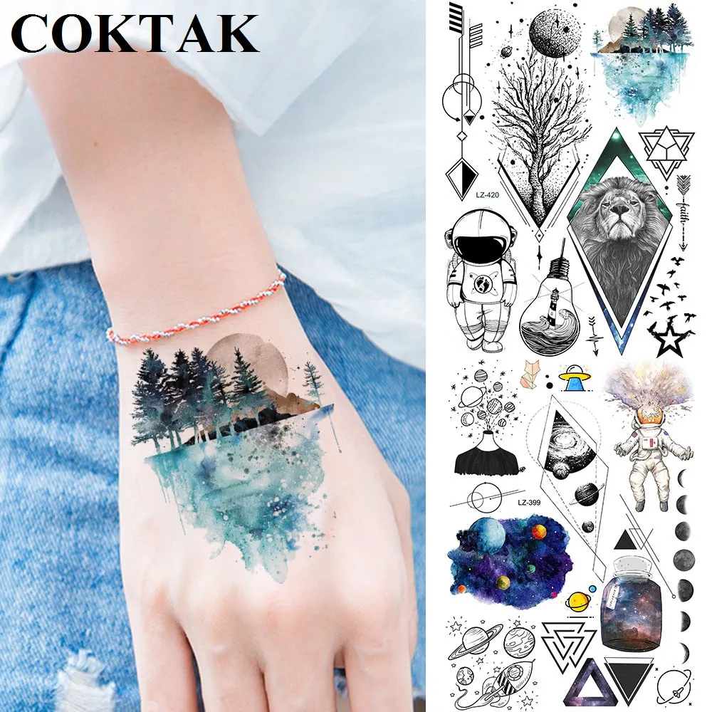 

Geometric Lion Watercolor Tree Moon Stars Temporary Fake Tattoos Stickers Women Tattoos Men Neck Art Forest Tatoo Custom