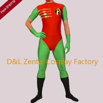 

Free Shipping DHL Amazing Robin "A" Mark Red and Green Lycra Zentai Men's Cosplay Costume RB1309