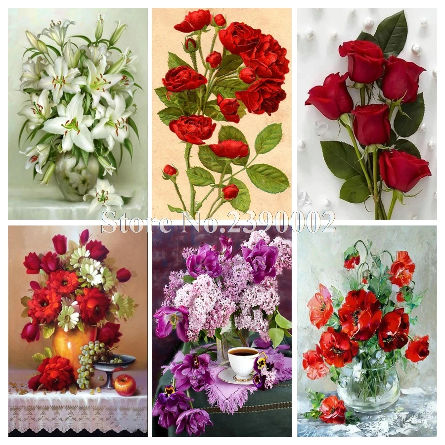 

Diy Diamond Painting Red Rose & Lily Cross Stitch Diamond Mosaic Full Diamond Embroidery Decor Picture New Year Rhinestone Gift