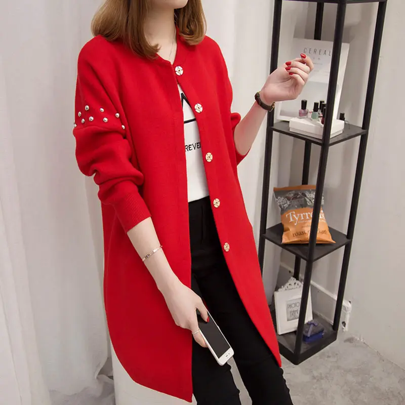DRL свитер женский осенний и зимний кардиган средней длины с бисером и длинным рукавом, универсальный свободный свитер женский свитер - Цвет: Красный