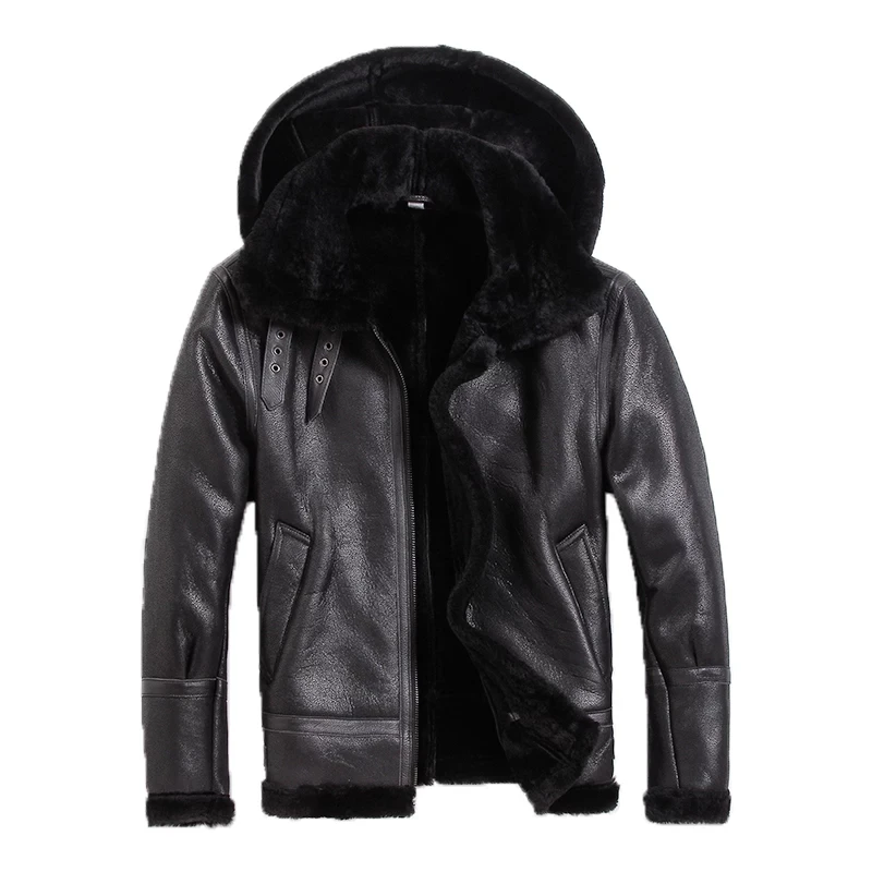 Original Shearling Fur Coat Men Leather Coat Hooded Winter Warm Leather ...