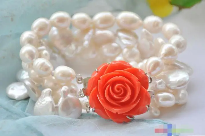 

FREE SHIPPING HOT sell new Style >>>> 4row 8" 14mm white coin baroque rice freshwater pearl bracelet