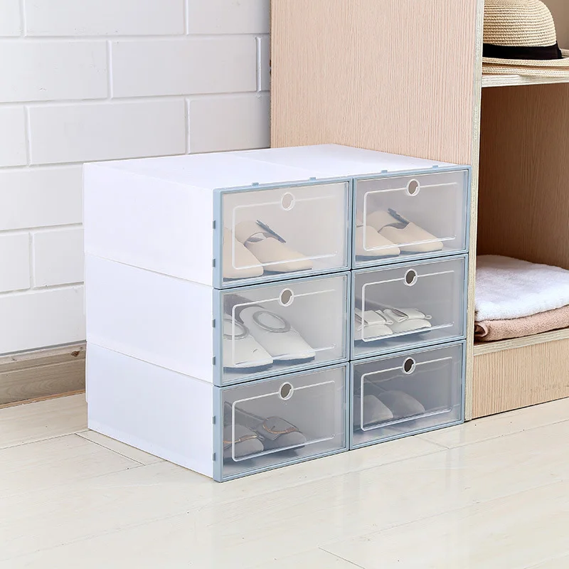6 шт., органайзер для обуви, коробка для хранения обуви, прозрачный чехол для ящика, пластиковая стекируемая коробка, пыленепроницаемый держатель для обуви, коробки для хранения для дома - Цвет: White with blue