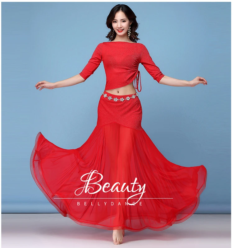 New Fashion Women Belly Dance Clothing Stretchy Shinny Fabric Off Shoulder Ruffles Maxi Long Skirts Bellydance Costume Set 2pcs