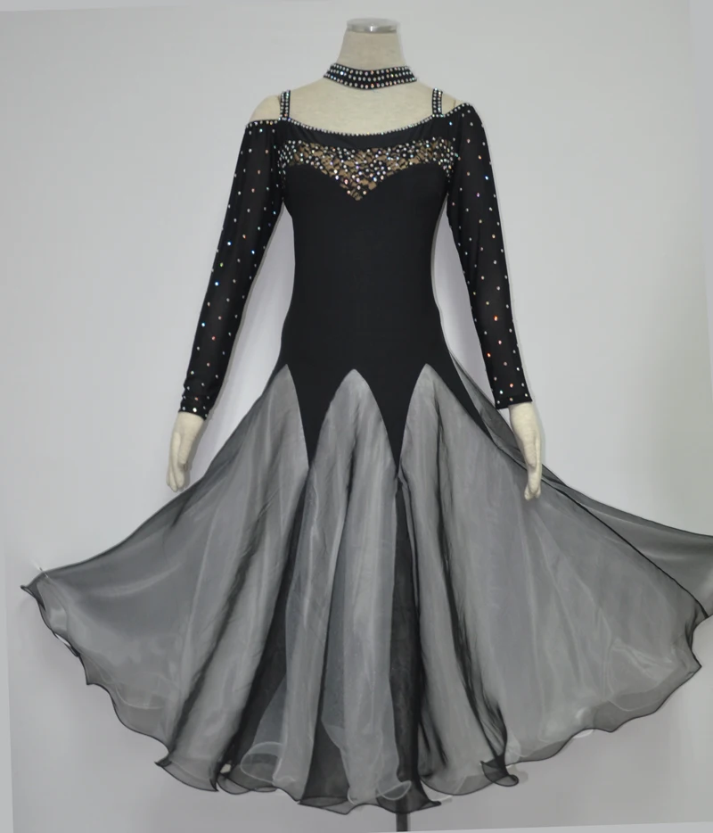 Black Color Ballroom Dance Dresses Lady Long Sleeve Flamenco Waltz