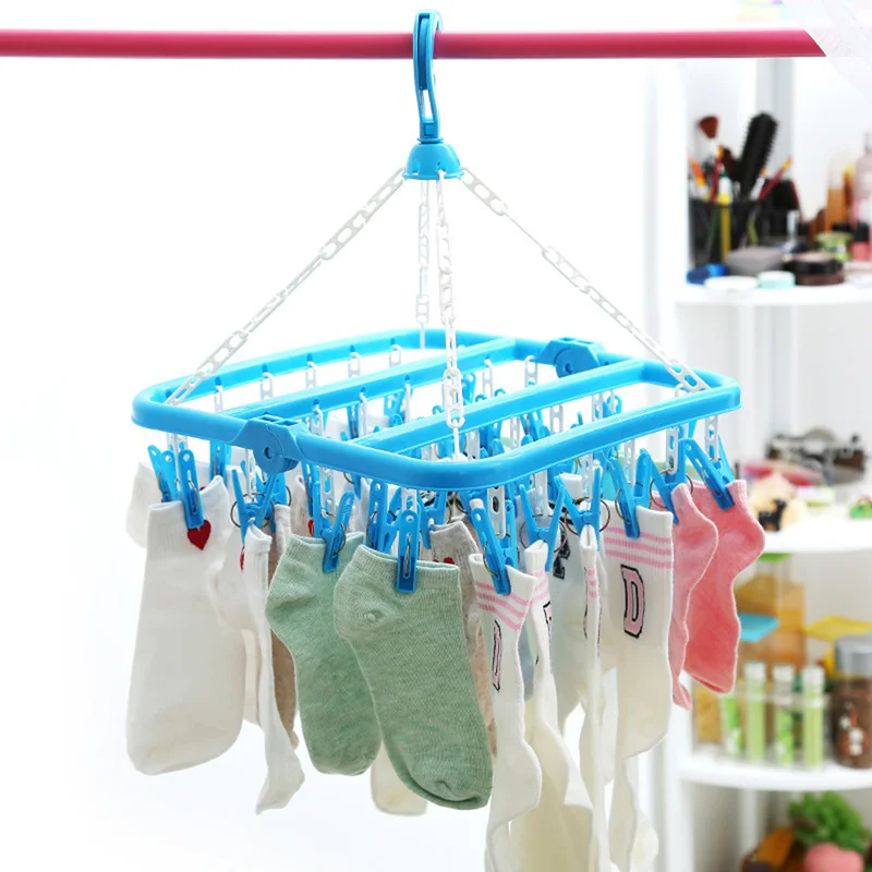 32 Clips Folding Clothes Hanger Dryer Windproof Socks Underwear Drying Rack Children Clothing Rack Kitchen Accessories