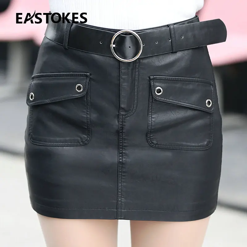 

Free Shipping Sexy Women Leather Skirts With Pockets Slim Fit Ladies Mini Shorts Faux Leather Female With Free Belt Black