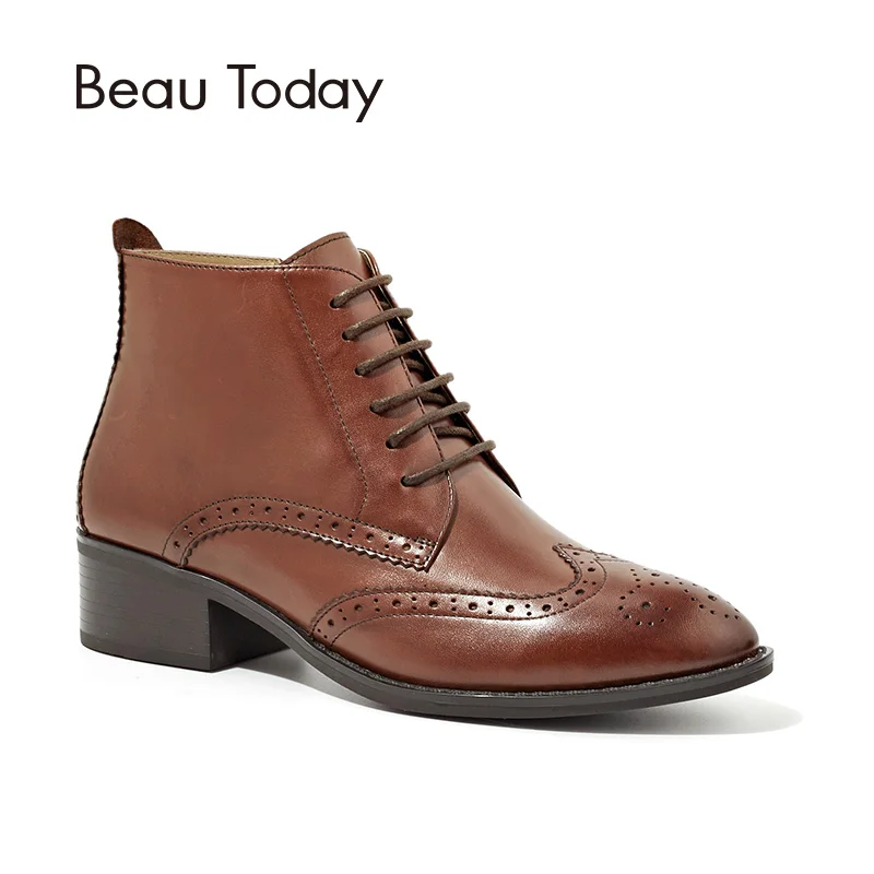 

BeauToday Ankle Boots Women Brand Brogue Style Wingtip Lace-Up Genuine Calf Leather Ladies Shoes Handmade 03233