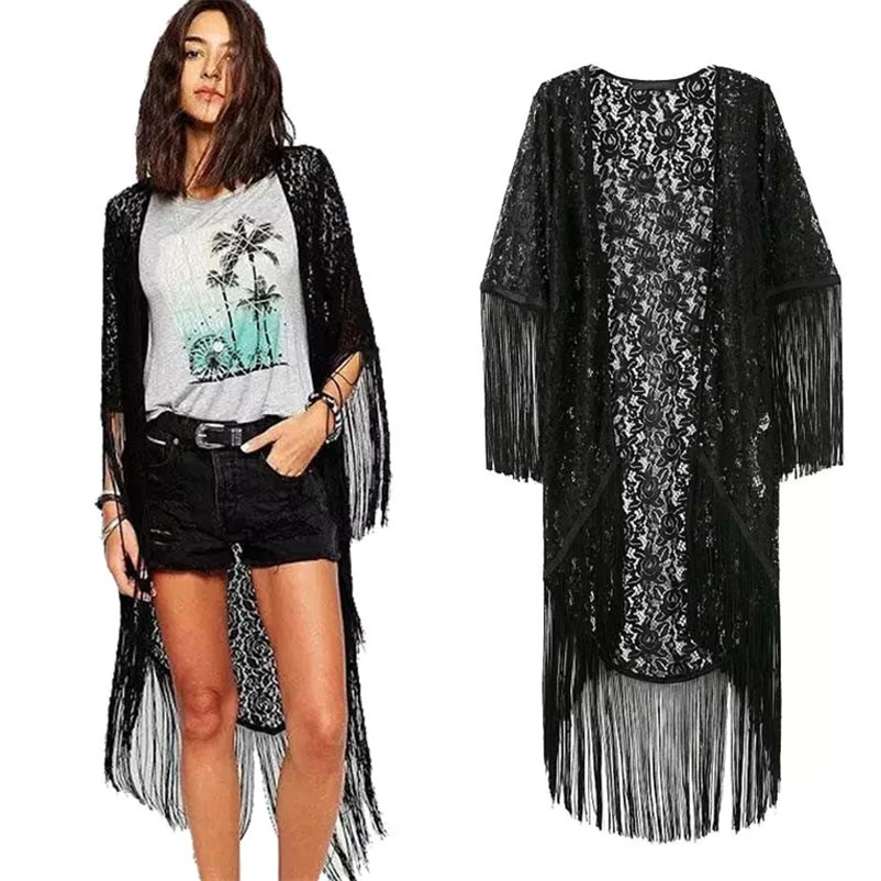

New Fashion Women Shirt Echo657 Hot Sale Casual Women Lace Hollow Floral Tassel Kimono Shawl Cardigan Blouse Tops Dec 21