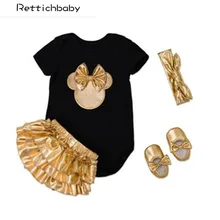 Одежда для новорожденных девочек малышей Костюмы 4 шт. черный хлопковый комбинезон Золотой рюшами Кружевные шорты обувь повязка на голову