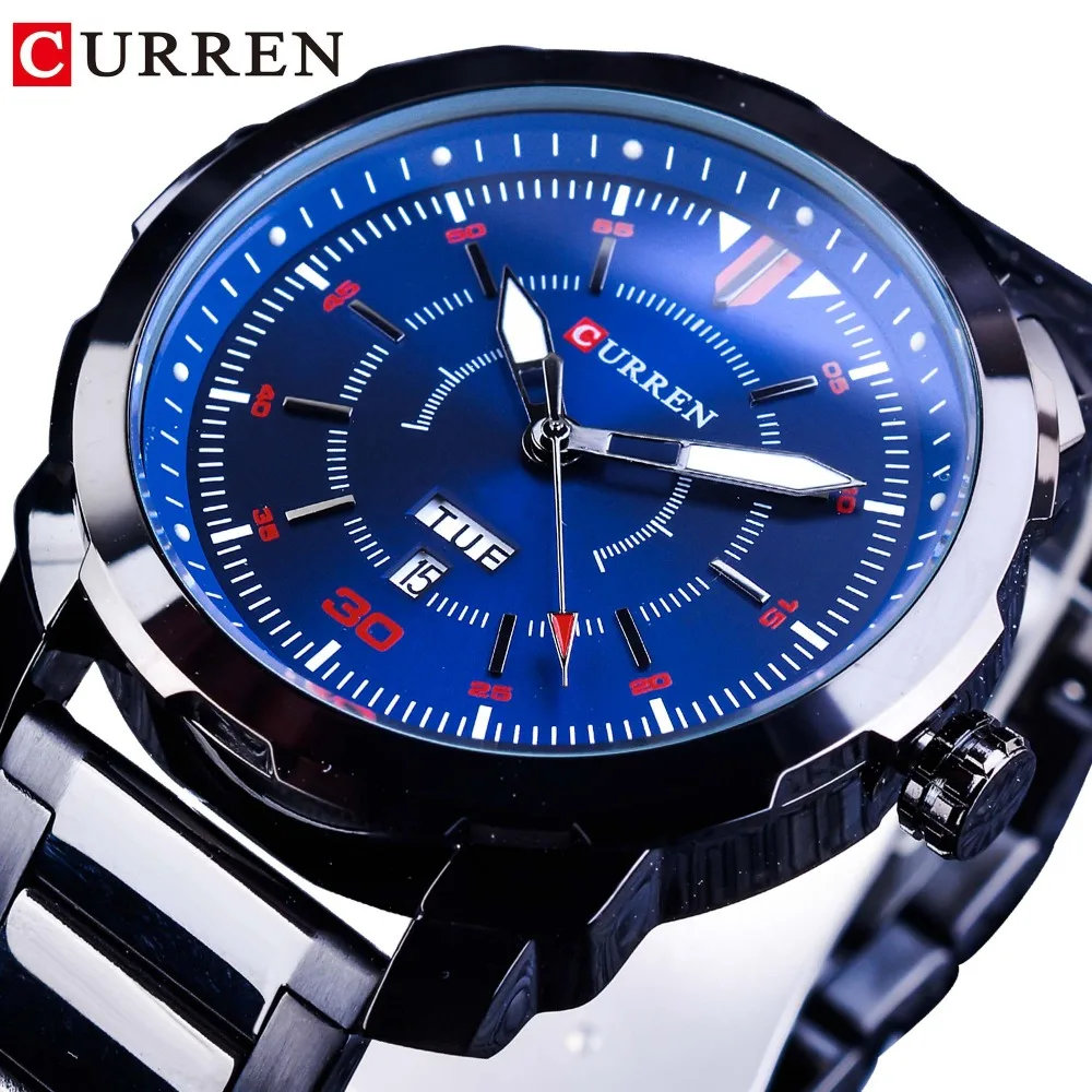 

CURREN Blue Sky Racing Design Black Stainless Steel Calendar Display Man Sport Quartz Clock Relogio Masculino Military Watches