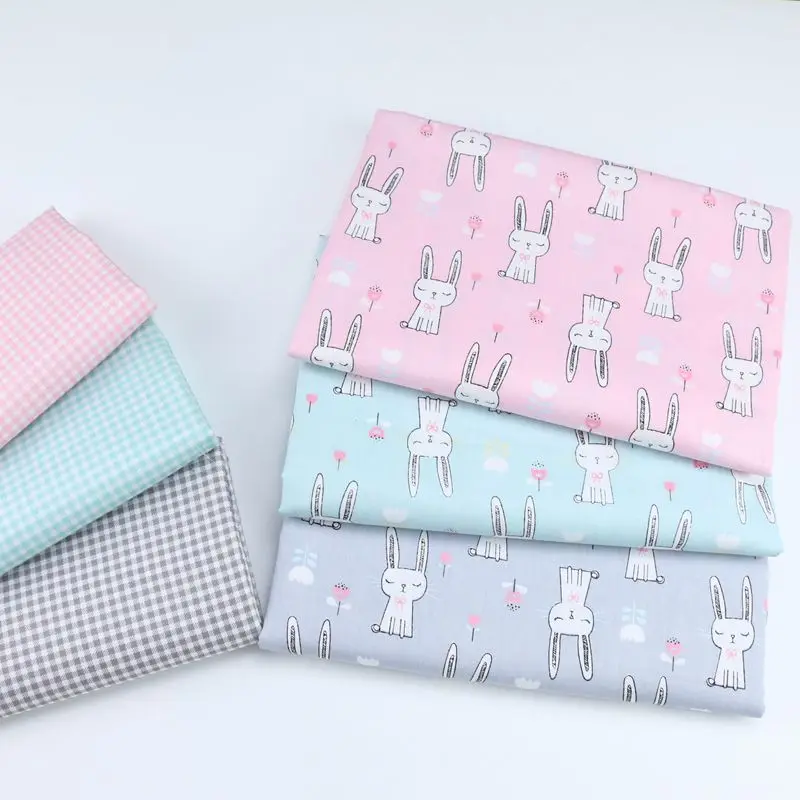 

160CM*50CM cotton cloth GRAY PINK GREEN cartoon RABBIT flowers 3 mm check fabric for DIY bedding dress cushion handwork tissue