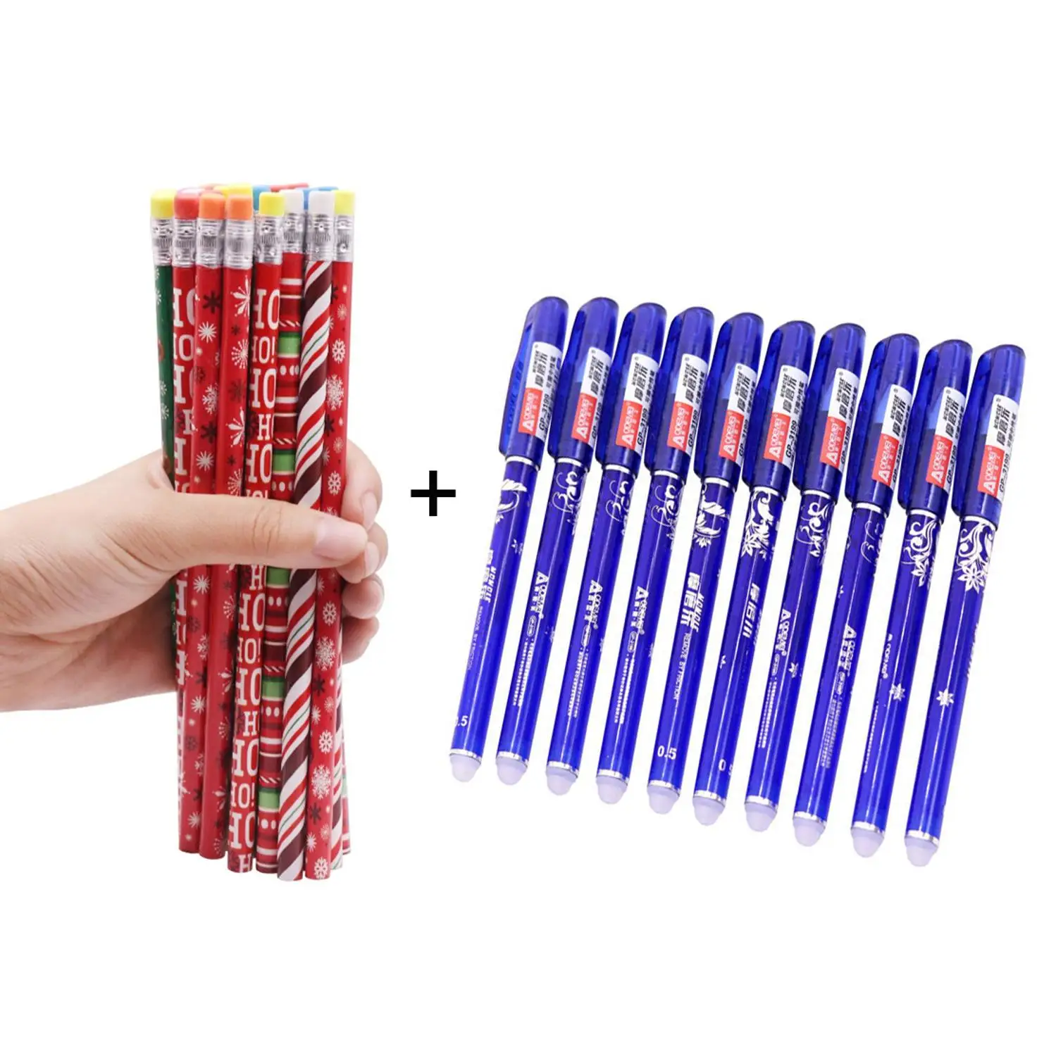 

2+2 pcs/set School Stationary set Office Writing Supplies 0.5mm Blue Ink Erasable Pen And Christmas Wooden Pencil With Head