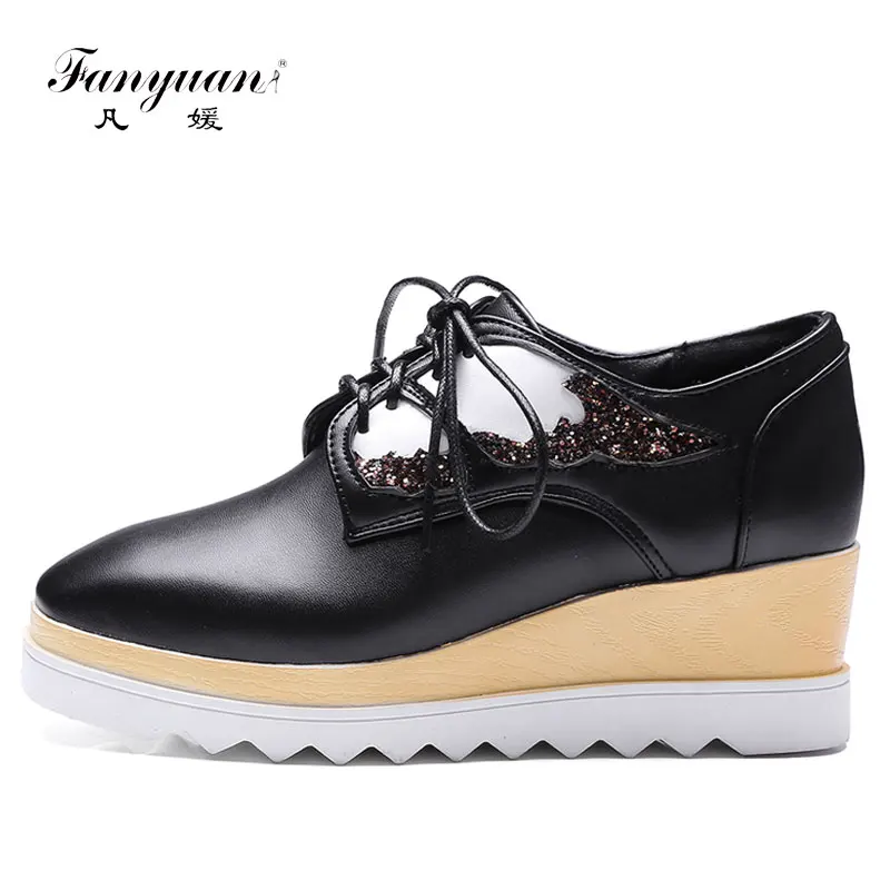 

Fanyuan 2018 Plus Size 34- 43 British Style Women's Pumps Autumn Square Toe Wedges Mid Heels Female Lace Up shoes Black gold