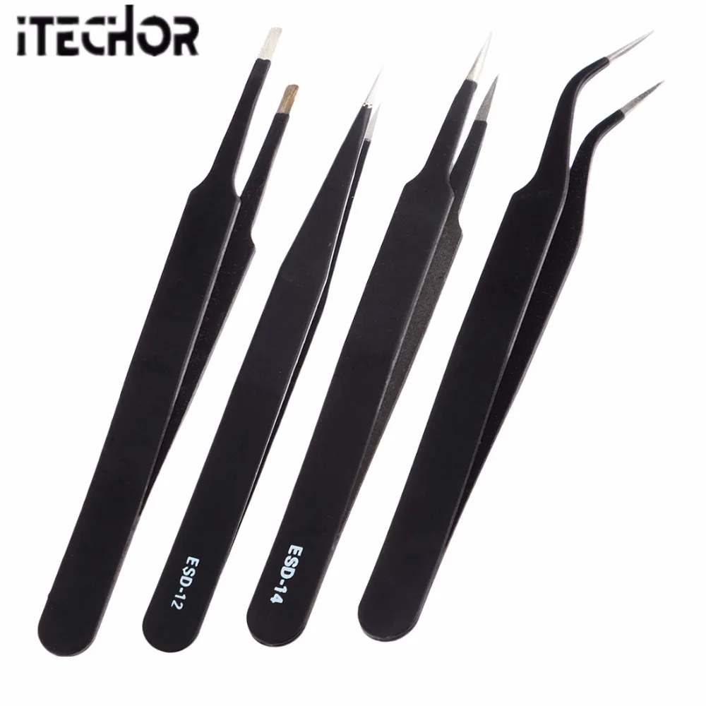 

iTECHOR 4Pcs Professional Nail Art Anti-static Stainless Steel Tweezer Nipper Clipper Watch Repaire Tool Set