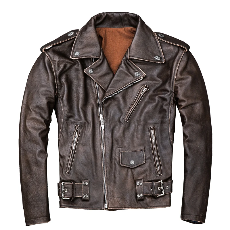 

HARLEY DAMSON Vintage Brown Men Motorcycle Leather Jacket Diagonal Zipper Plus Size XXXXL Genuine Cowhide Slim Fit Biker's Coat