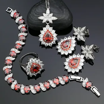 

Pineapple 925 Silver Bridal Jewelry Sets For Women Red CZ White Crystal Earrings/Pendant/Necklace/Ring/Bracelet Jewelry