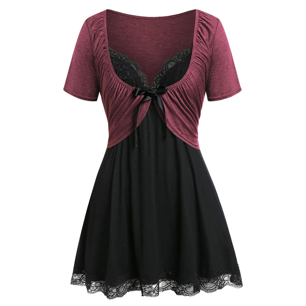

Rosegal Plus Size T Shirt Women Pleated Lace Sweetheart Neck Gothic Two Pieces Set Short Sexy Sleeve Summer Clothes