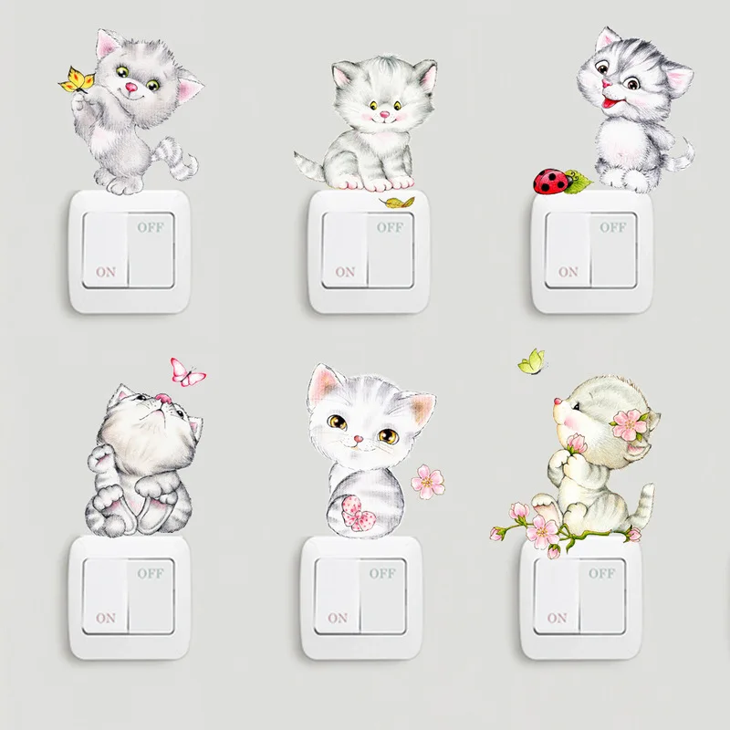 

6pcs/set Kitten Switch Wall Sticker Room Bedroom Living Room Kindergarten Creative Waterproof Background Wall Socket Sticker