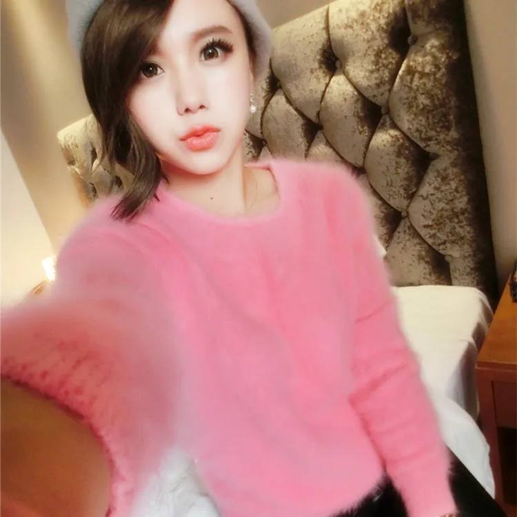 

European station round collar Pullover mink sweater straight tube long wool mink sweater jacket special for women