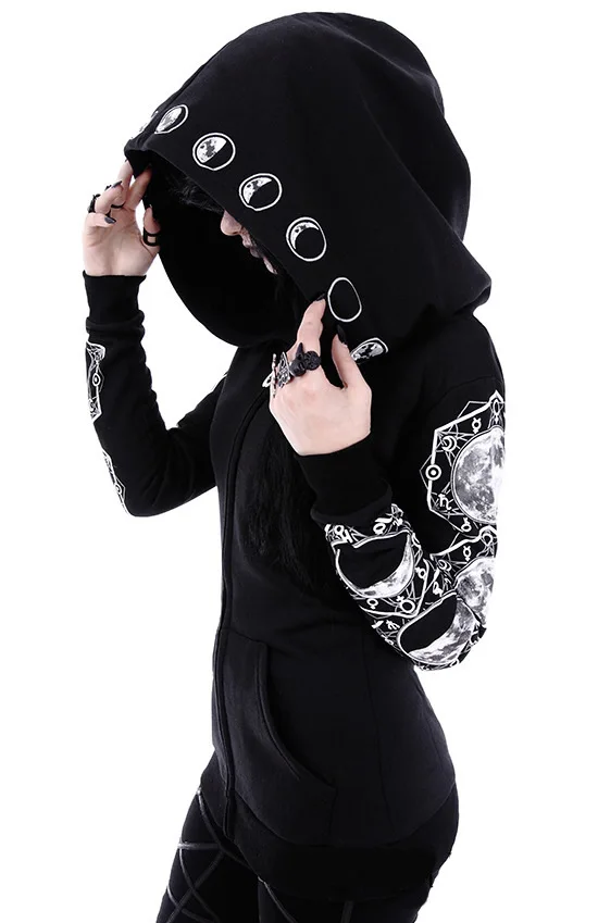 Готическое повседневное женское черное Свободное пальто с длинным рукавом и принтом "Ведьма и солнце" для девушек хлопковые женские толстовки в стиле панк размера плюс 5XL