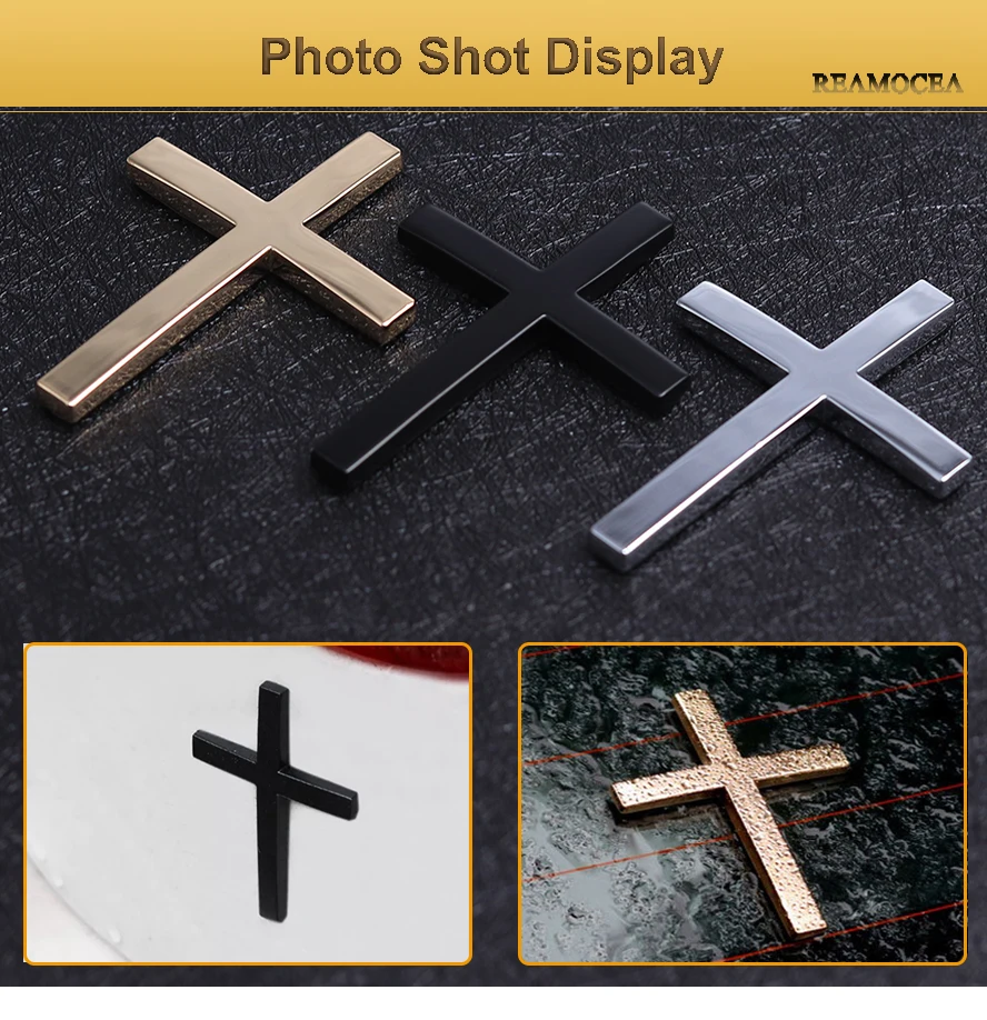 Reamocea Black Gold Car Accessories Emblem Motorcycle Badge Logo Jesus Christian Religious Decals Cross Chrome 3D Metal Sticker (7)