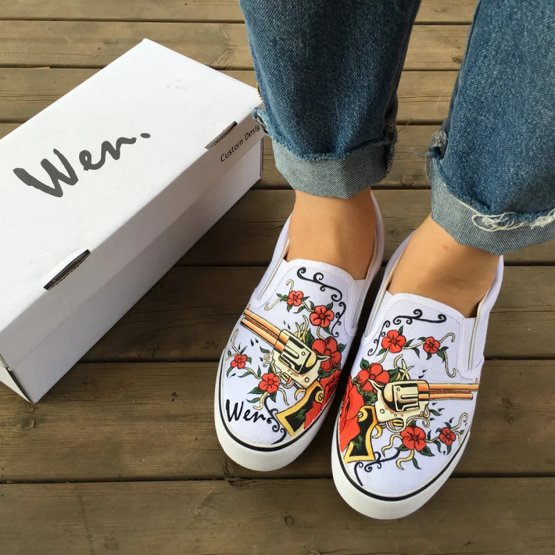 Wen Custom Original Hand Painted Shoes Design Revolver Gun Red Rose ...